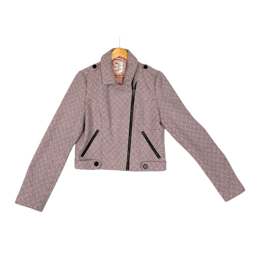 Anthropologie Tulle‎ Ladies Short Pink/Grey Geometric Bomber Jacket Coat Size L